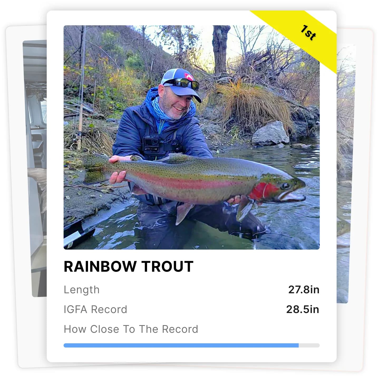 Leaderboard card showing a rainbow trout catch scored against the IGFA record