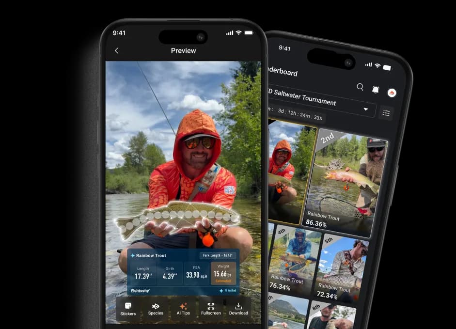 Fishtechy app on iPhone showing catch preview and leaderboard