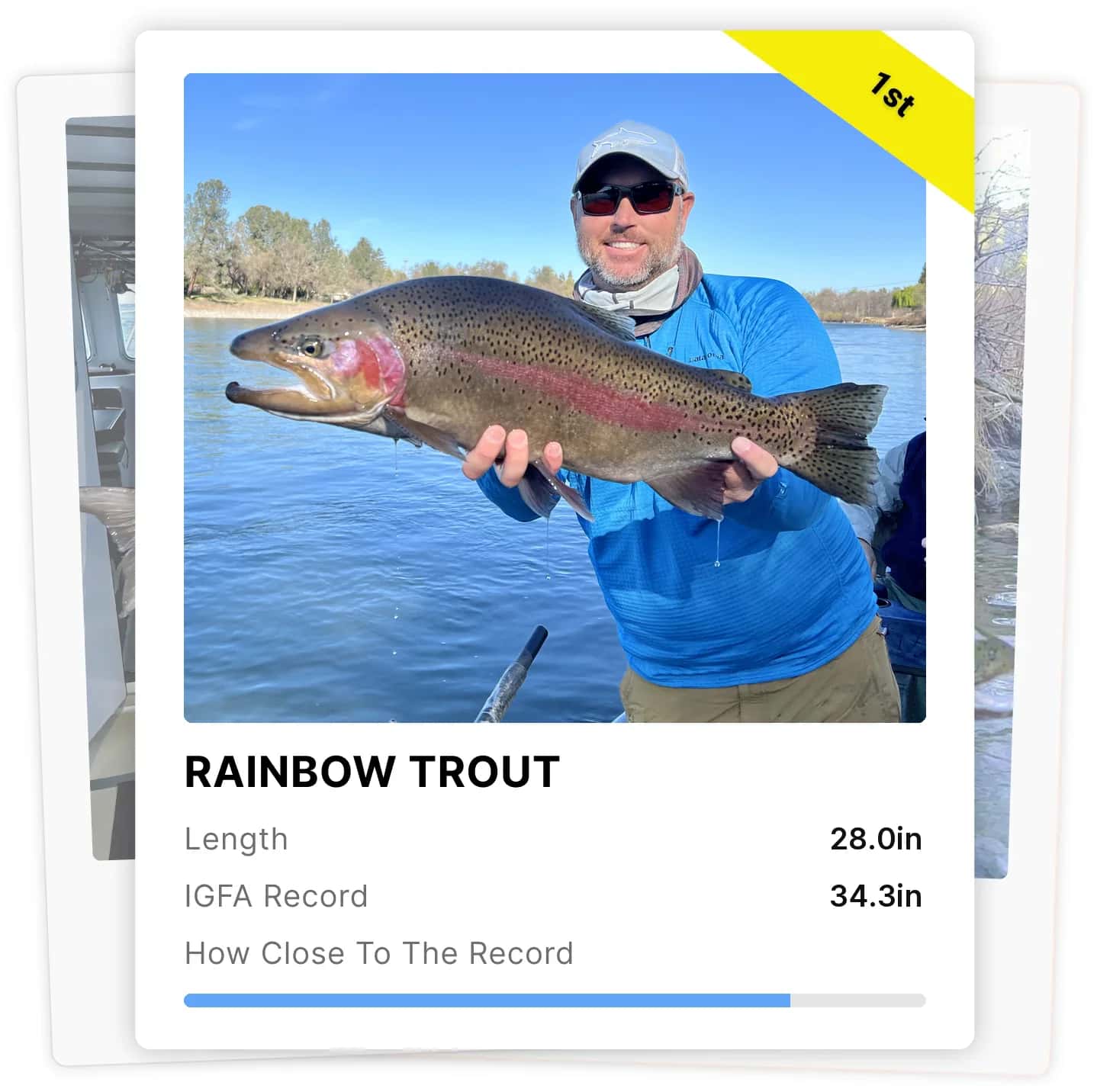 Leaderboard card showing a rainbow trout catch scored against the IGFA record