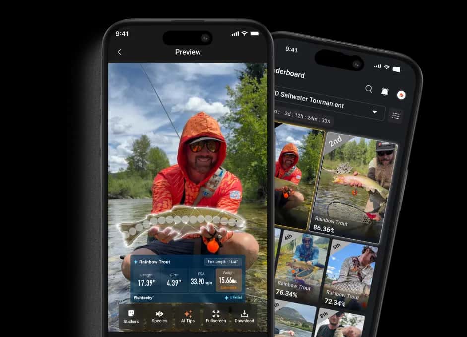 Fishtechy app on iPhone showing catch preview and leaderboard